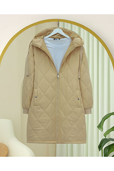 Modamorfo Hooded Pocketed Zippered Lined Quilted Coat-Beige