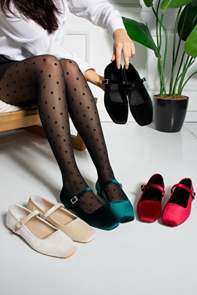 dabab shoes Velora Emerald Buckle Square Toe Velvet Mary Jane Ballet Flats