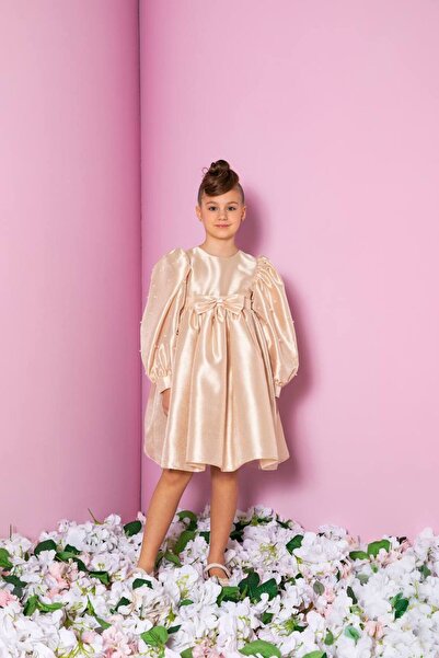 Miss Lorin Kids Παιδικό φόρεμα από σατέν με μανίκια από πέρλες