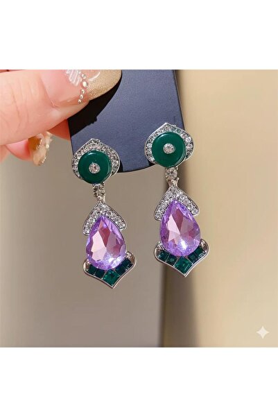 Pelin Aksesuar Mor Damla Taşlı ve Zümrüt Yeşil Detaylı Abiye Küpe