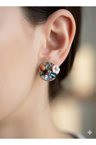 Pelin Aksesuar Çok Renkli Doğal Taş Görünümlü Gold Yuvarlak Küpe