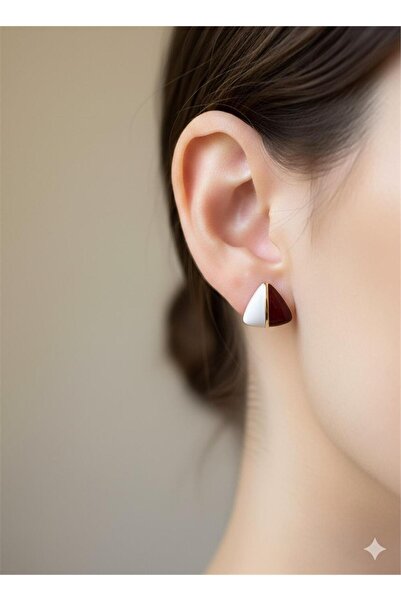 Pelin Aksesuar Bordo ve Beyaz Mineli Gold Çizgili Üçgen Küpe