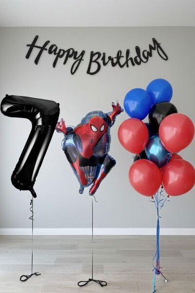 PARTİAVM 7 Yaş Dev Siyah Rakam Balonlu Örümcek Adam Doğum Günü Balon Seti Süp...