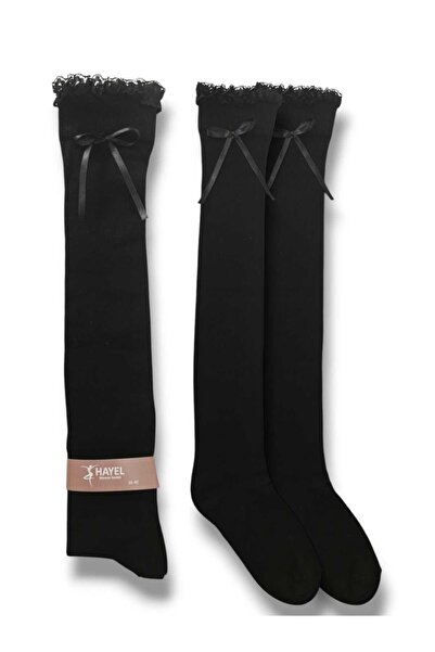 HAYEL 1 ζευγάρι γυναικείες μαύρες κάλτσες από βαμβακερό χτενισμένο βαμβάκι υψηλής ποιότητας με δαντέλα κάτω από το γόνατο