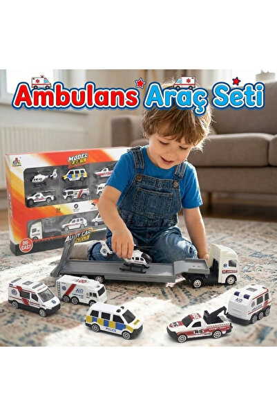 craftivio 10 Parça Metal Ambulans Kurtarma Seti - 1:64 Diecast Oyuncak Araba, Tır, Helikopter ve Polis Aracı