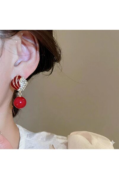 Pelin Aksesuar أقراط فستان سهرة مخططة باللون الذهبي مع حجر عين القط باللون ال...