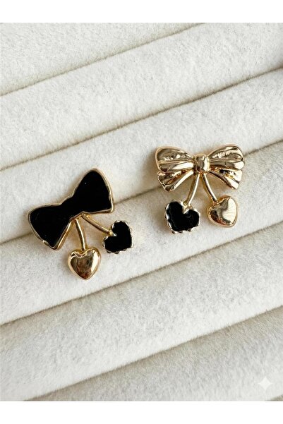 Pelin Aksesuar Siyah Mineli Kiraz ve Fiyonk Figürlü Asimetrik Küpe