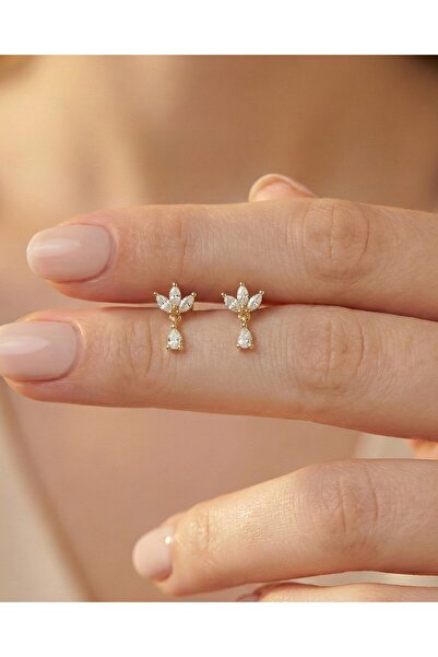 İNDİGO TAKI Damla Sallantılı Minik Üçlü Mekik 14 Ayar Altın Küpe