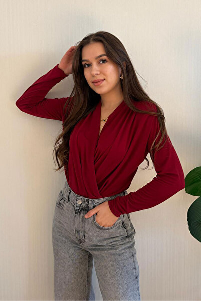 Nazline Women's Double-Breasted Collar Shoulder Drape Detailed Bottom Snap Fastener Bodysuit