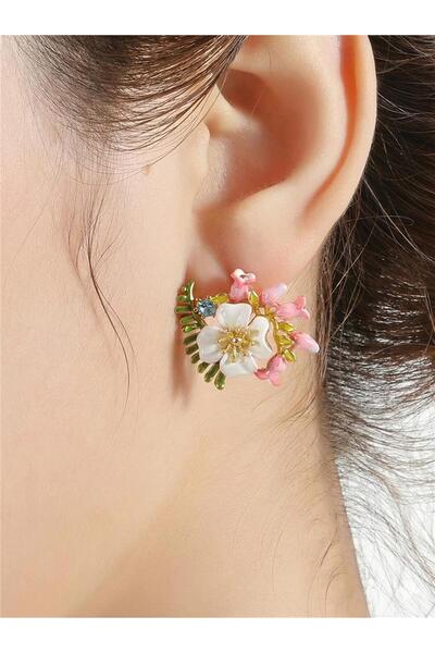 Pelin Aksesuar Pink and Green Enamel Flower Bouquet Earrings