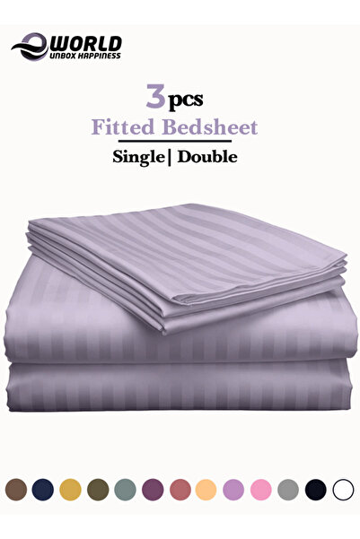 e world unbox happiness 3 Piece Lilac Striped Fitted Bed Sheet Set – Fitted Sheet & 2 Pillowcases