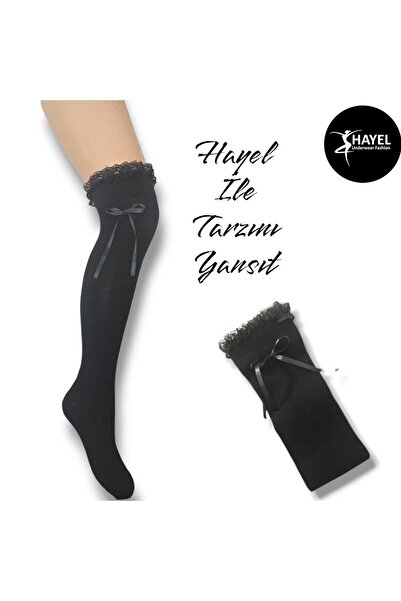HAYEL 1 ζευγάρι γυναικείες μαύρες κάλτσες από βαμβακερό χτενισμένο βαμβάκι υψηλής ποιότητας με δαντέλα κάτω από το γόνατο