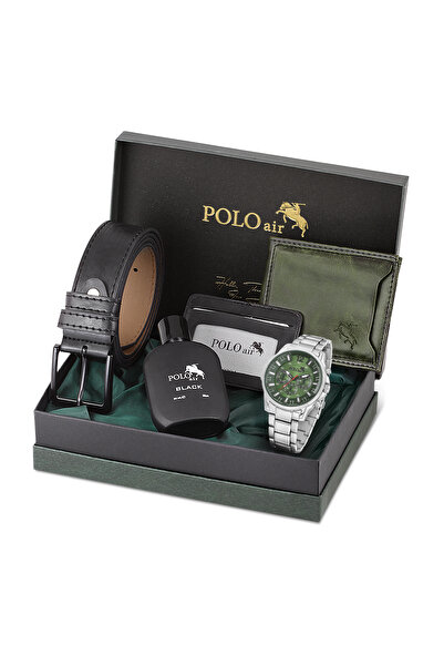 Polo Air Erkek Kol Saati Kemer Cüzdan Kartlık Parfüm Hediyelik Kutusunda Gümü...