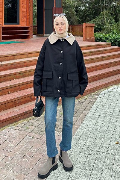 lamelif Collar Detailed Buttoned Gabardine Jacket Black