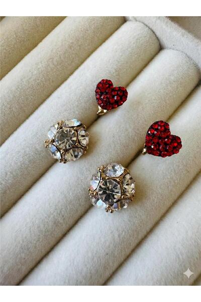 Pelin Aksesuar Kırmızı Kalp ve Şeffaf Kristal Top Küpe