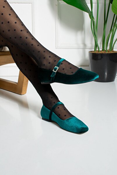 dabab shoes Velora Emerald Buckle Square Toe Velvet Mary Jane Ballet Flats