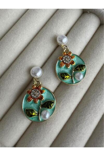 Pelin Aksesuar Turkuaz Mineli Ayçiçeği ve İnci Detaylı Yuvarlak Küpe