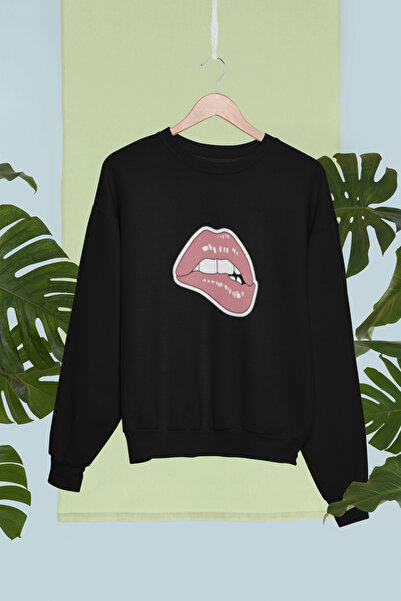 MG سويت شيرت قطني بأكمام طويلة مطبوع عليه شفاه مبطن بالصوف NISEX SWEATSHIRT