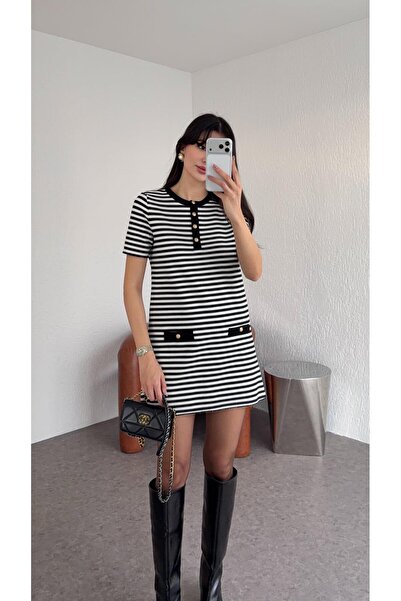 HAZELANNA Çelik Triko Çizgili Elbise