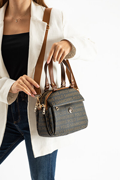 EbruVogue Siyah ve taba renk garnili yazılı kol ve çapraz askılı çanta