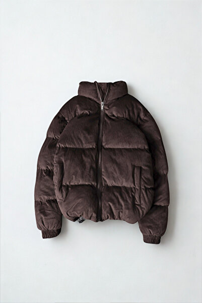 A&O Style Ανδρικό καφέ oversized ψηλός λαιμός Φουσκωτό βελούδινο παλτό με επιπλέον γέμιση