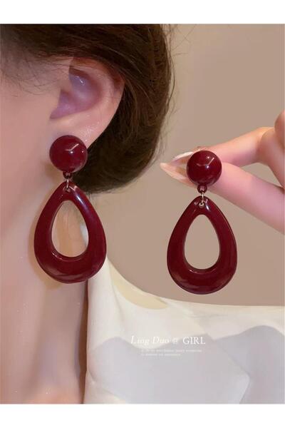 Pelin Aksesuar Burgundy Red Large Drop Shaped Resin Earrings