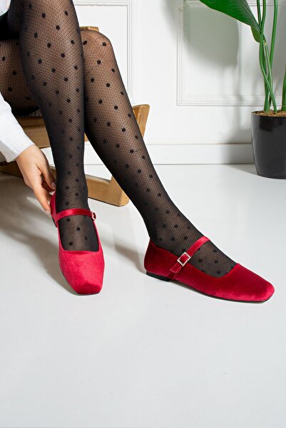 dabab shoes Velora Red Buckle Square Toe Velvet Mary Jane Ballet Flats