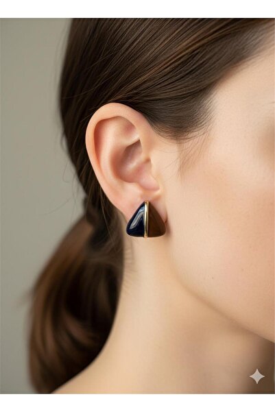 Pelin Aksesuar Kahverengi ve Lacivert Mineli Gold Çizgili Üçgen Küpe