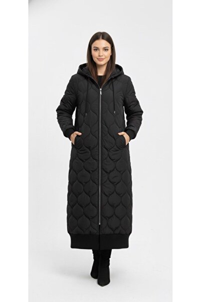 şuranur Kapüşonlu Kapitone Mont DALGA DESENLİ - Siyah