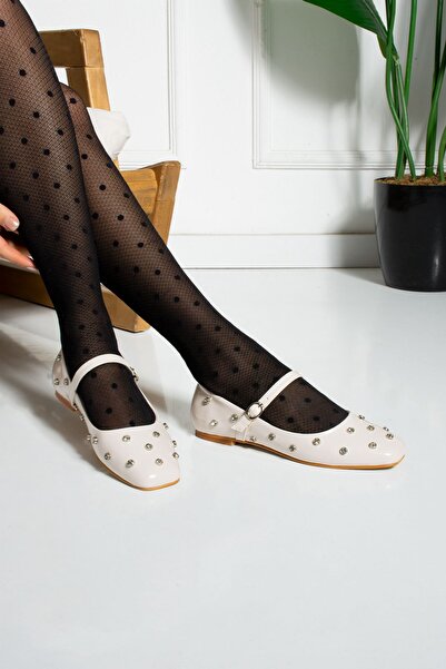 dabab shoes Carmelia Women's Beige Square Toe Stone Detailed Buckle Mary Jane Ballerinas