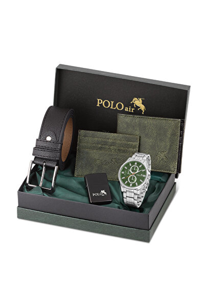Polo Air Erkek Kol Saati Kemer Cüzdan Kartlık Çakmaklı Hediyelik Kutusunda Gümüş Yeşil Set PL-7035E3