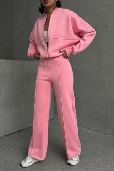 Neşeli Butik Women's Raced Three-Thread Tracksuit Set Gts018 - Pink