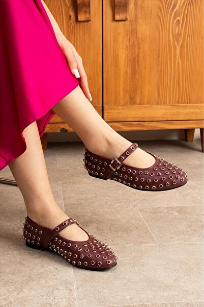 dabab shoes Celvia Burgundy Round Toe Stone Detailed Buckle Mary Jane Ballerinas
