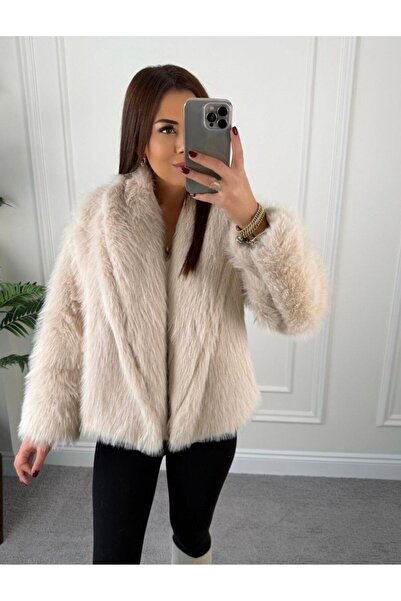 TİLLE Women's Zr Model Lined Shawl Collar Premium Faux Fur Coat