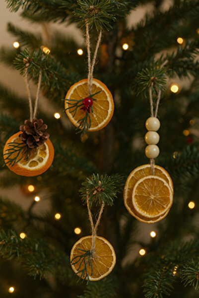 Marrone Yılbaşı Ağacı Süsleri Portakal Ve tarçın Kozalaklı 4'lü set