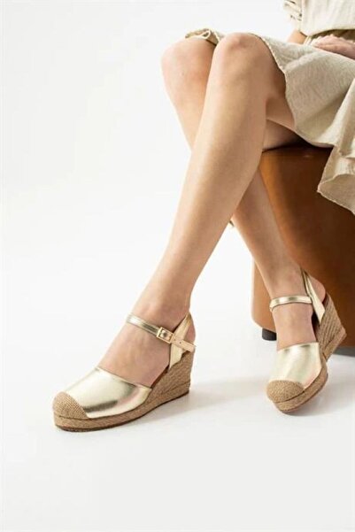 dabab shoes Lunessa Gold Buckle Straw Detailed Wedge Heeled Sandals Shoes