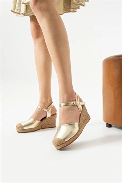 dabab shoes Lunessa Gold Buckle Straw Detailed Wedge Heeled Sandals Shoes