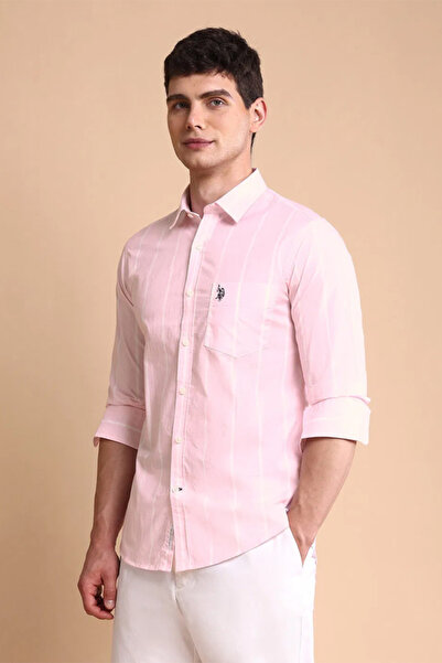 U.S. Polo Assn. Mens Light Pink Vertical Striped Tailored Fit Shirt