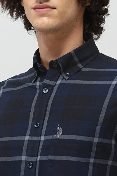 U.S. Polo Assn. Mens Dark Blue Plaid Checked Tailored Fit Shirt