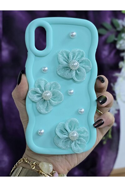 Magic Ring حافظة هاتف أنيقة متوافقة مع آيفون X / XS بلون أخضر مائي مع زهور من اللؤلؤ والتول