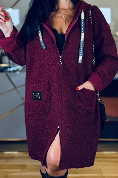 Bİ.GİYSEN Women's Hooded Bordo Pocketed Curly Boucle Fabric Unlined Transitional Coat