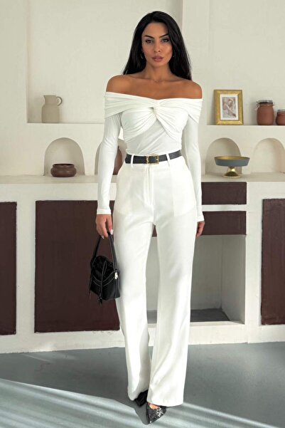 ZISHAN Women's Madonna Collar Knot Detail Long Sleeve Draped Blouse 10125