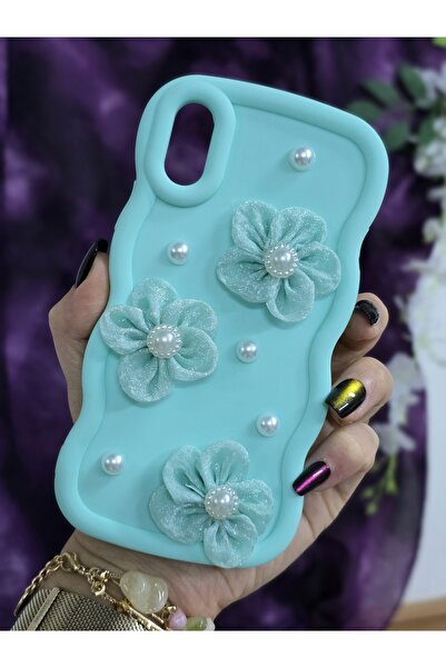 Magic Ring حافظة هاتف أنيقة متوافقة مع آيفون X / XS بلون أخضر مائي مع زهور من اللؤلؤ والتول