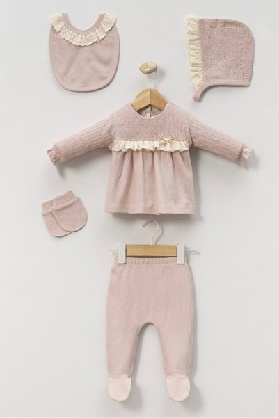 Cherub Baby Knitwear Ruffled 5-Piece Set Baby Girl Newborn 5-Piece Hospital Release Bodysuit Set
