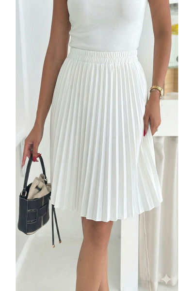 YUSUF CAN KARATAŞ KARATAŞ GİYİM Fusta mini din material satinat cu talie elastică plisată de culoare albă pentru femei MĂRIME 45 CM