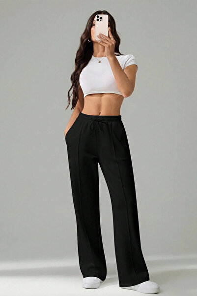 Sun Victoria Γυναικείο μαύρο φαρδύ παντελόνι με ψηλόμεσο κορδόνι
