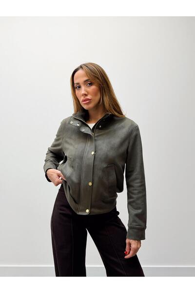 Maldia Shop Women's Suede Fabric Arden Bomber Khaki Jacket