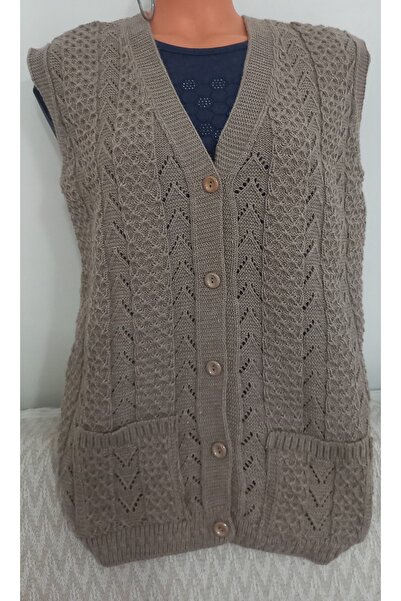 Anne Er Clothing Winter Knitwear Vest Buttoned Double Pocket Beige (Size M-L-Xl Compatible)