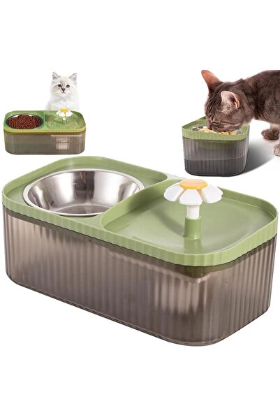 PeakShop Cat Water Dispenser with Flower-Shaped Fountain + Stainless Steel Food Bowl | Silent
