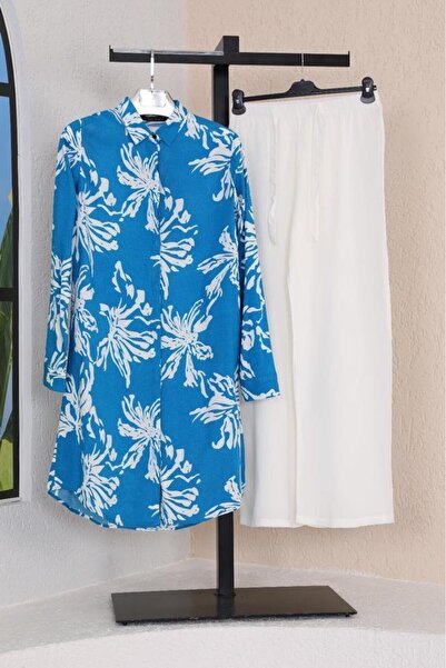 Polologin Butik Blue and White Floral Patterned Summer Comfortable Cut Viscose Tunic